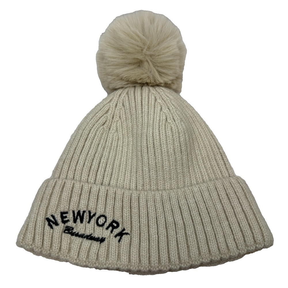 New York Broadway Beanie Hat Cream Knit Fleece Lined Faux Fur Pom Pom Winter OS